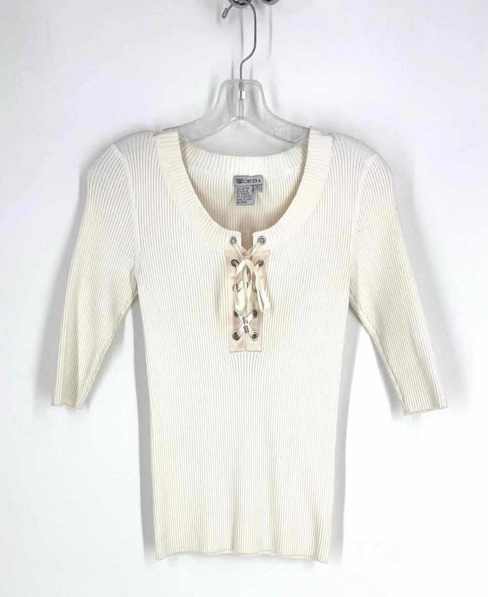 Worth Size S Pet White Lace-Up Ribbed Designer Top-3/4 Sleeve
